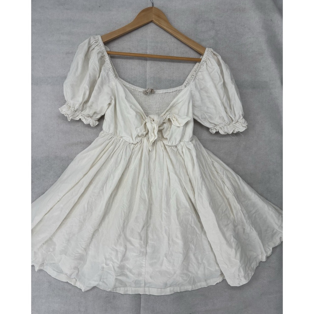 Mable White Baby Doll Dress S Tie Front Smocked Bodice Sq Neckline Puff Sleeve